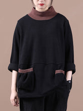 Women Loose Stitching Contrast Color High Neck Sweatshirt